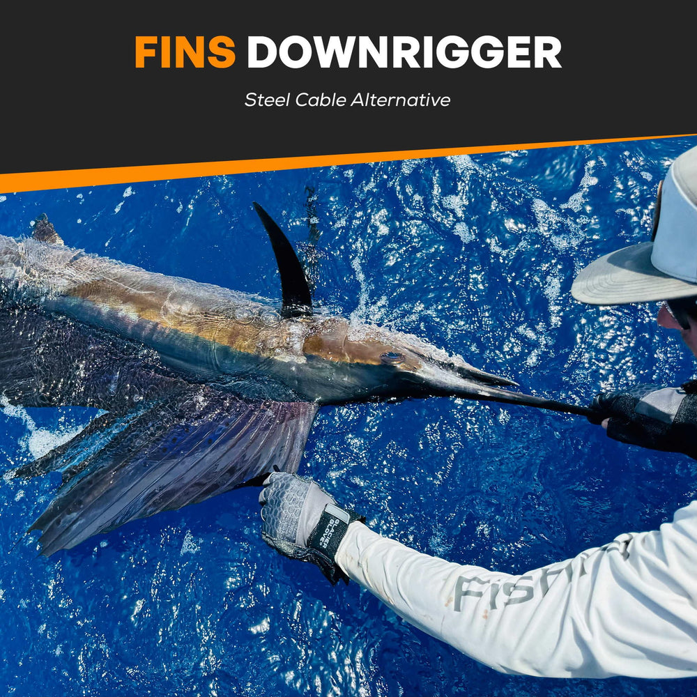 Close-up of FINS Downrigger Braid reveals rugged, rust-free fibers.