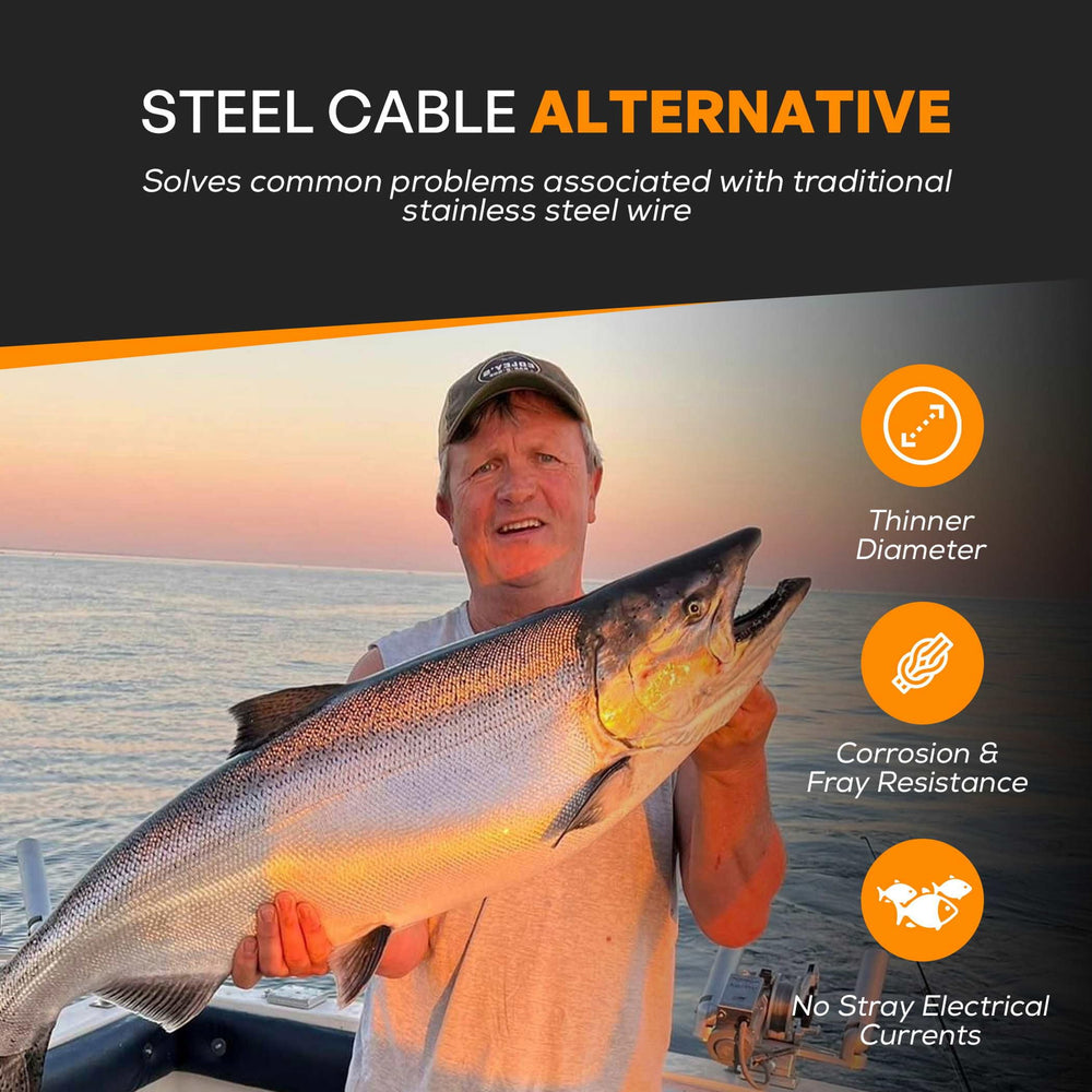 FINS Downrigger Braid on rod setup demonstrates stealthy approach to fishing.
