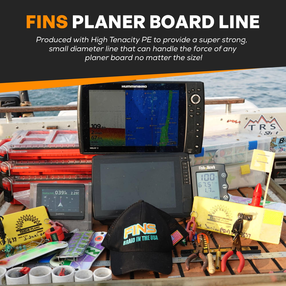 FINS Planer Board Line smooth-tracking shot highlights tight braid for precise planer tracking