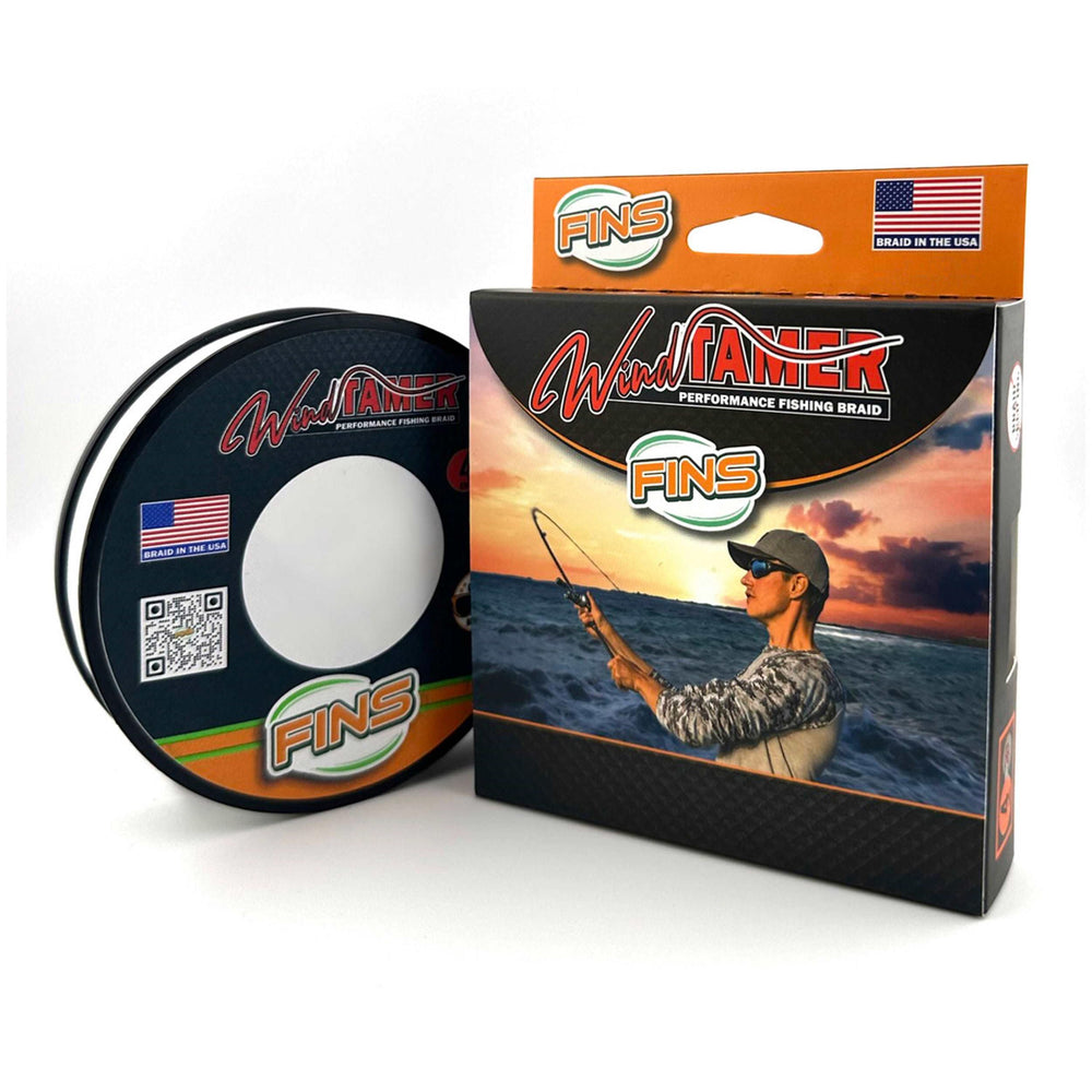 FINS Windtamer braid with four-end structure boosts knot strength for tough fishing.