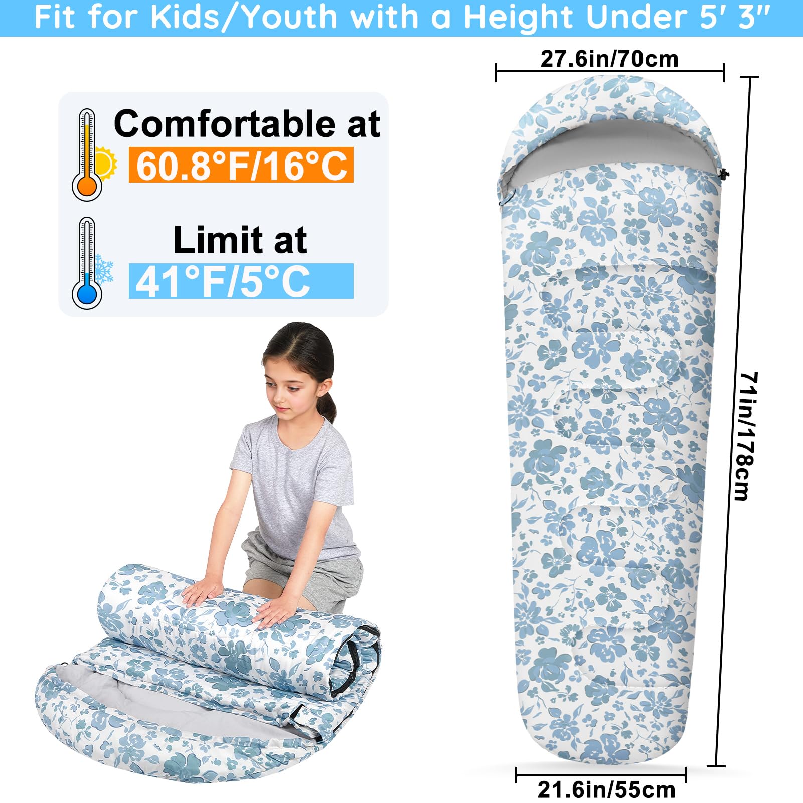 FIOBEE kids sleeping bag back view shows roomy top for easy entry and movement.