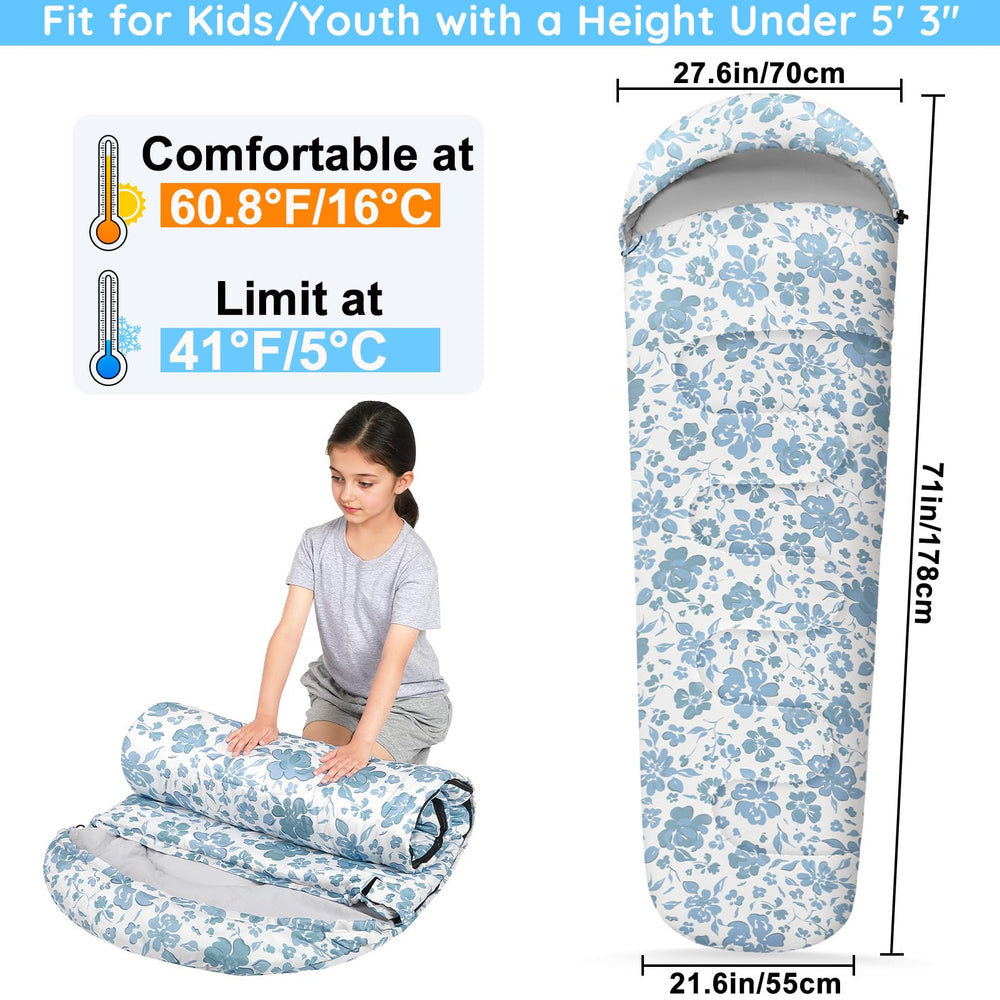FIOBEE kids sleeping bag back view shows roomy top for easy entry and movement.