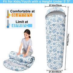 FIOBEE kids sleeping bag back view shows roomy top for easy entry and movement.