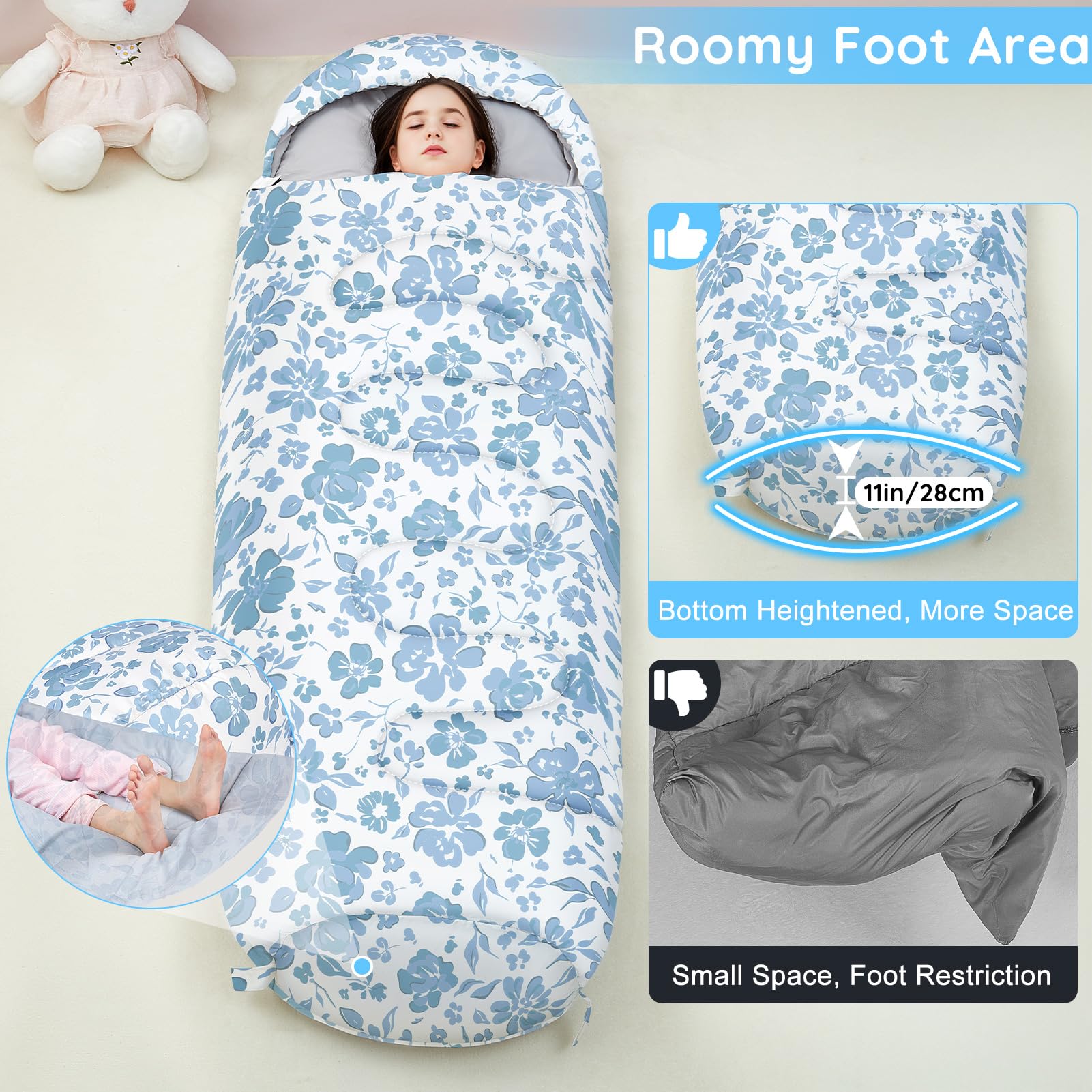 FIOBEE kids sleeping bag interior with soft lining and wide feet area for comfort.