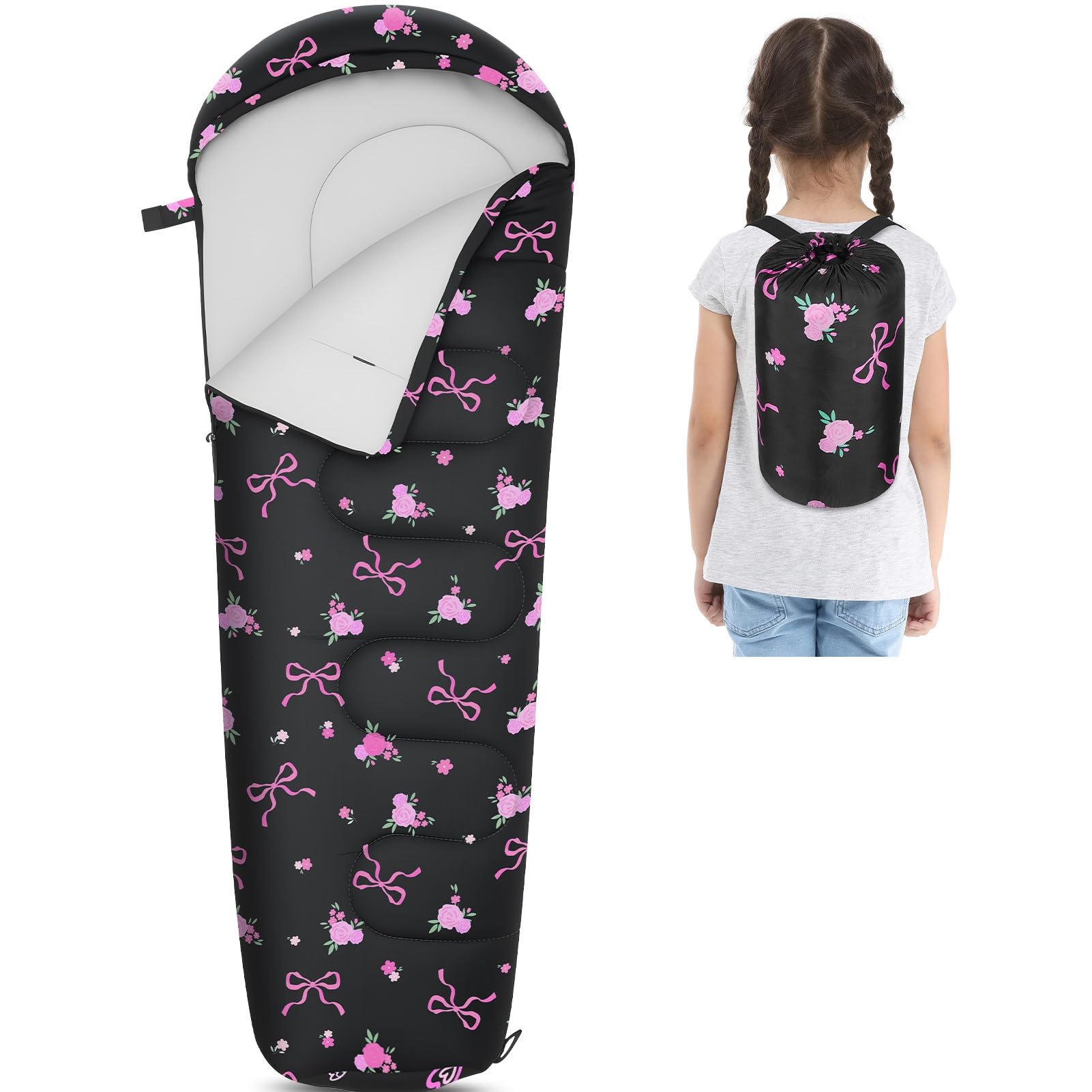 FIOBEE kids sleeping bag outer material close-up showing water-resistant fabric for damp nights
