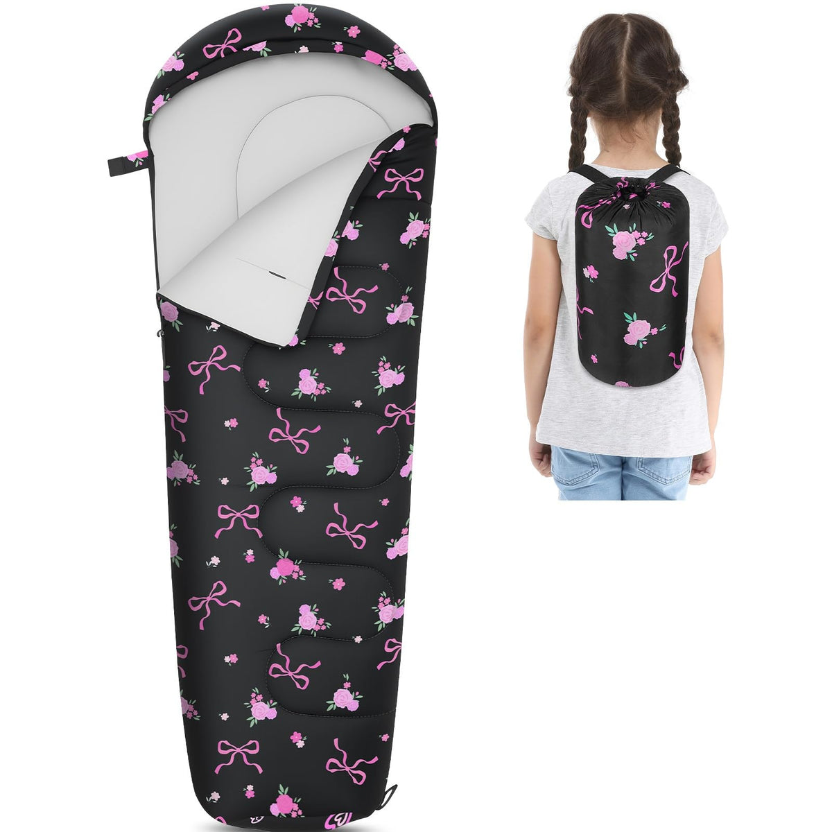 FIOBEE kids sleeping bag outer material close-up showing water-resistant fabric for damp nights