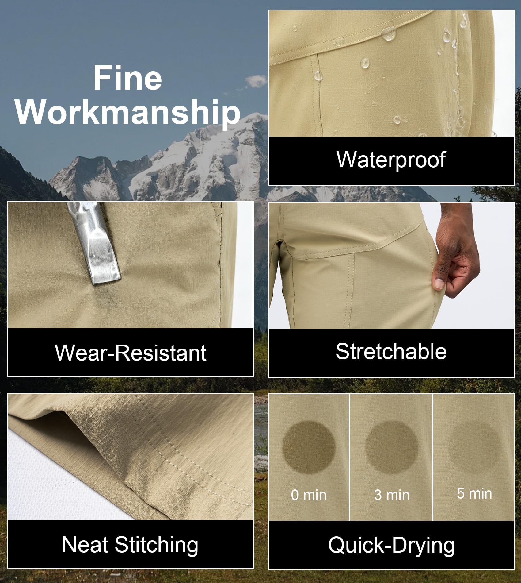 Fioboc mens hiking pants with zippered back pocket for secure items on trails.