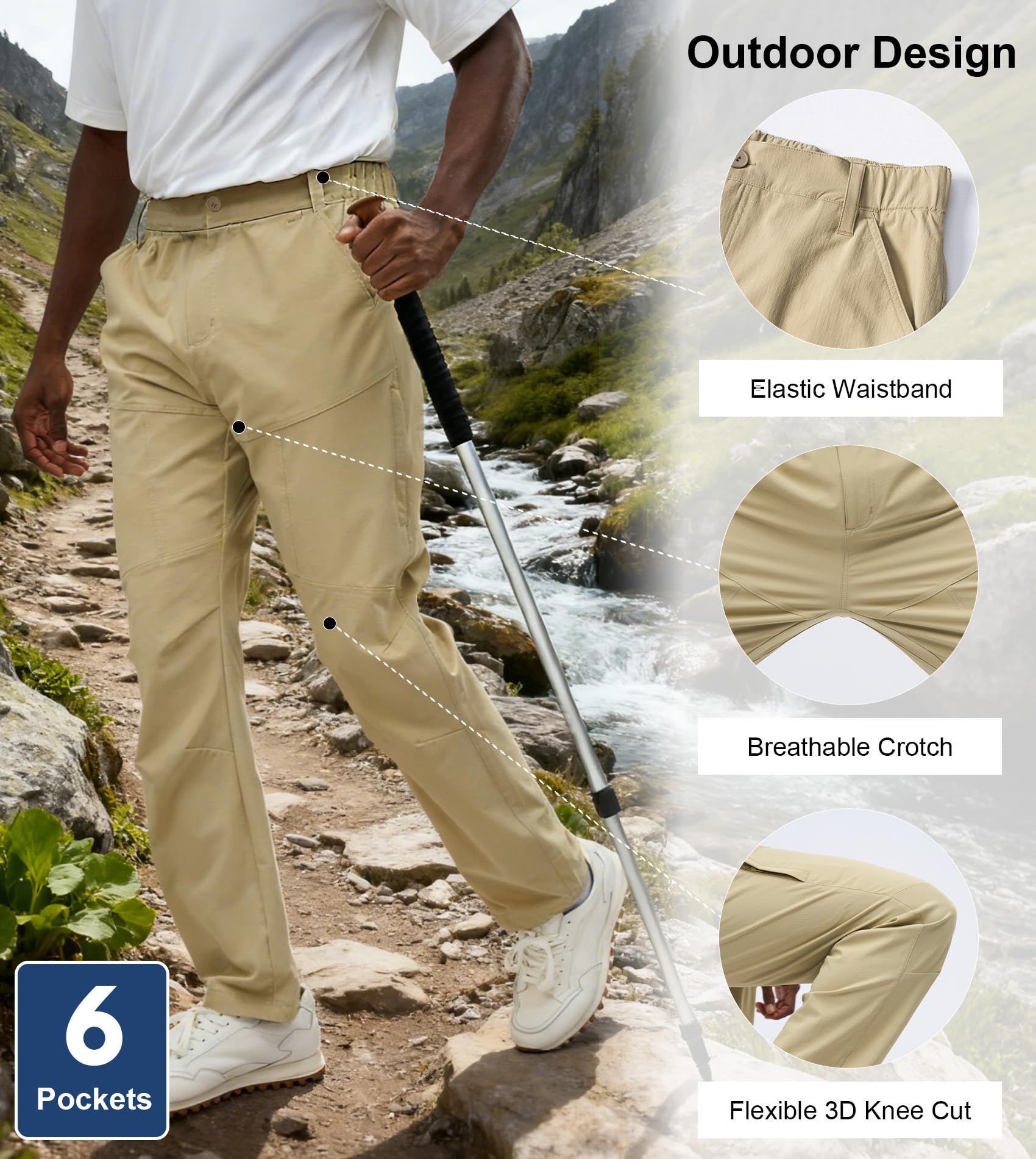 Fioboc mens hiking pants emphasize elastic waist and belt loops for adjustable comfort.