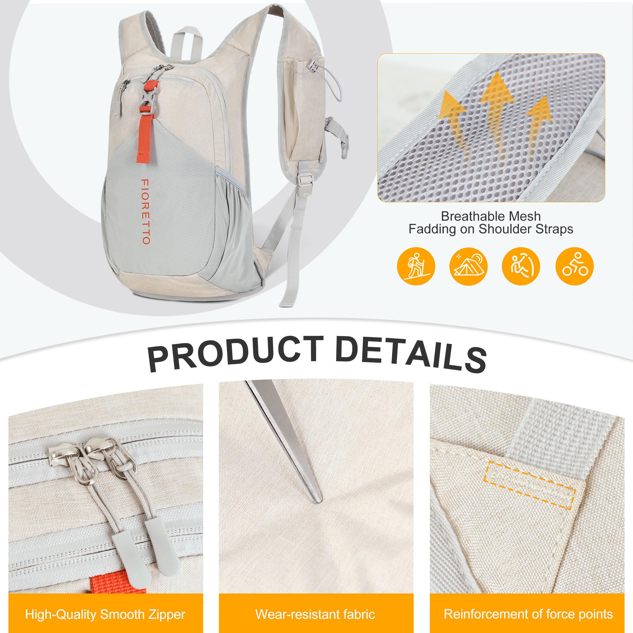 FIORETTO back with chest strap emergency whistle demonstrates safety on hikes.