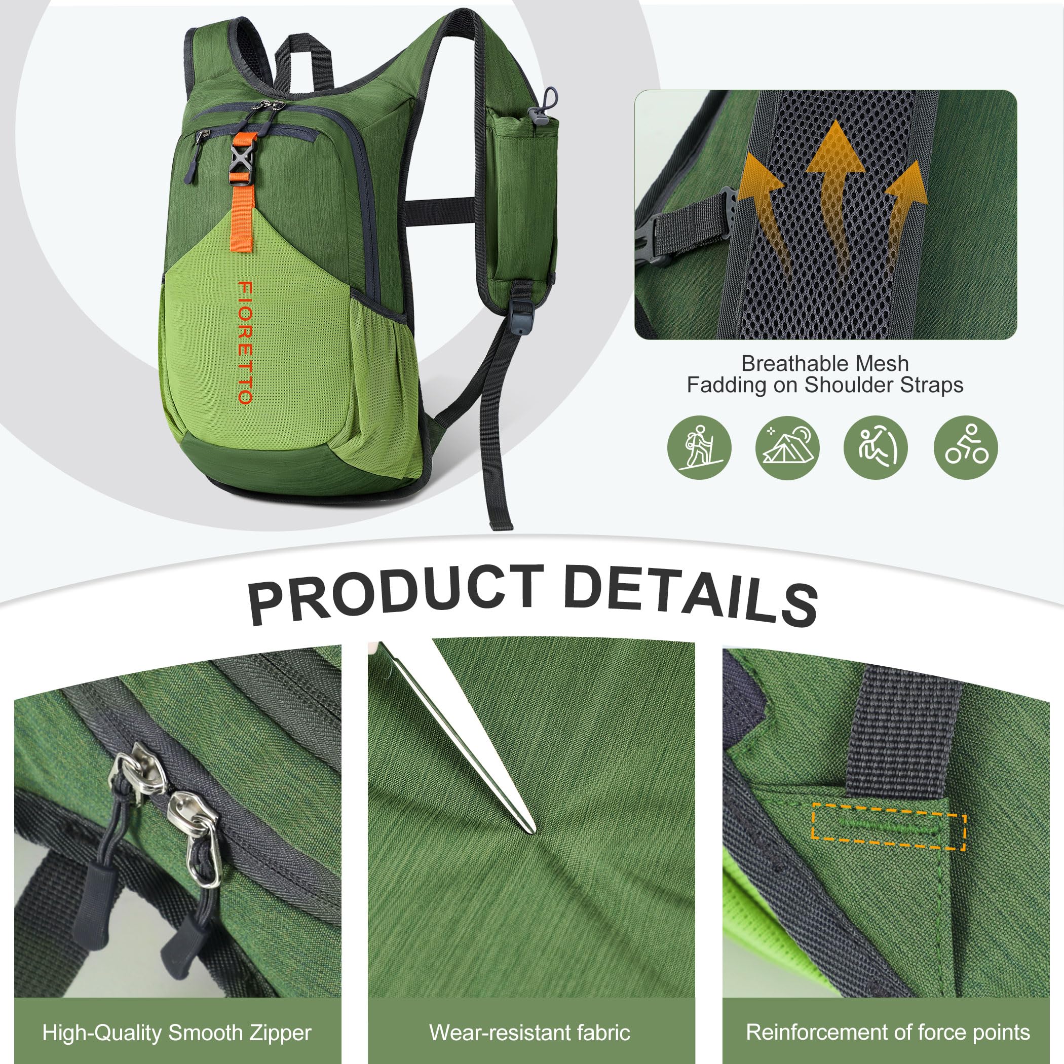 Fioretto breathable mesh straps reduce sweat on long treks.