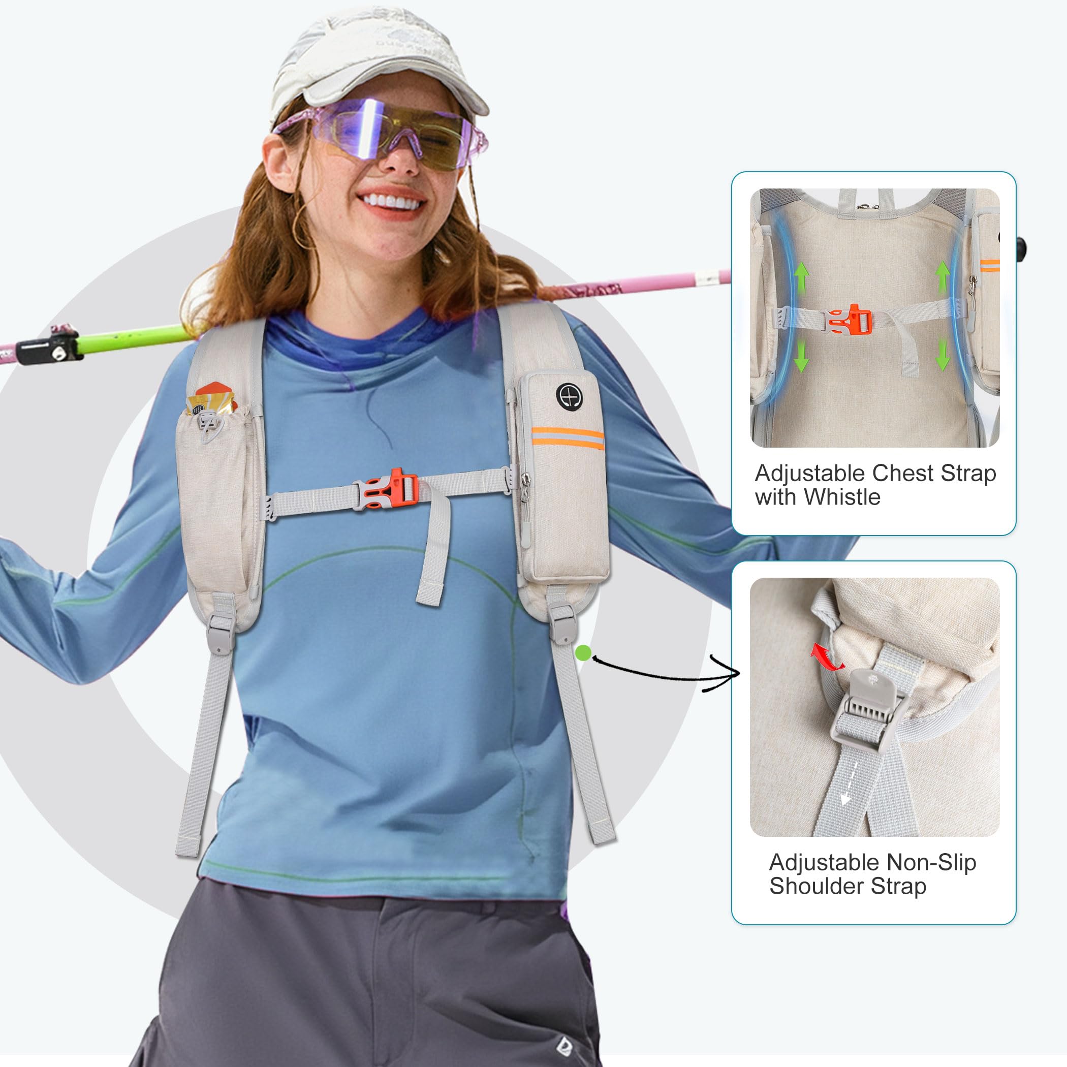 FIORETTO hiking backpack shoulder pockets closeup highlights quick-access to phone and keys.