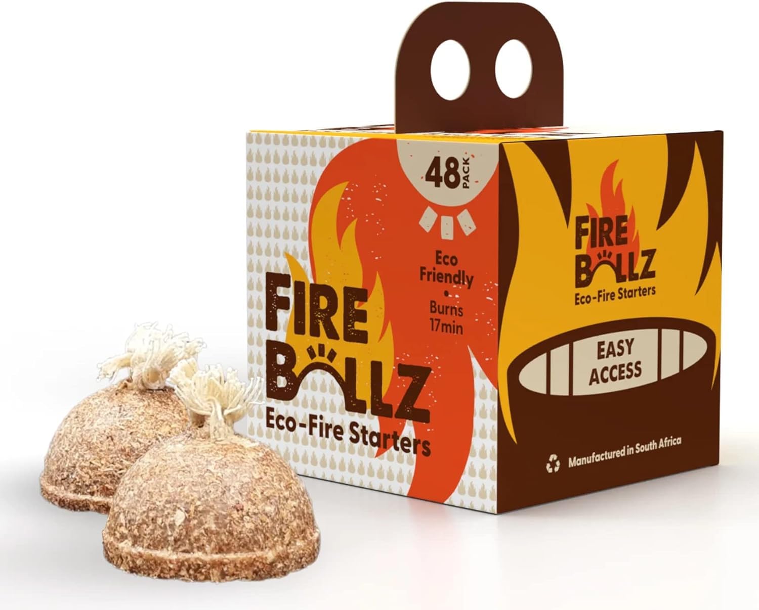 Fire-Ballz eco fire starters pack 48 ready for quick clean ignition.