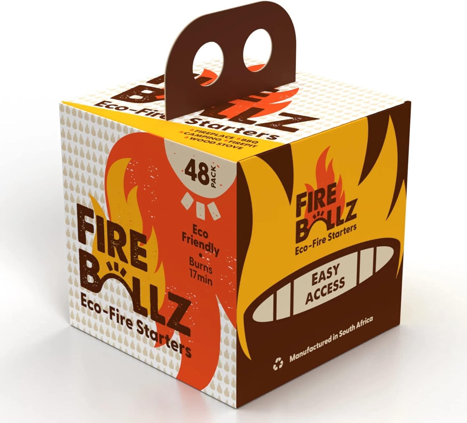 Fire-Ballz one-match ignition setup for fireplaces and grills.