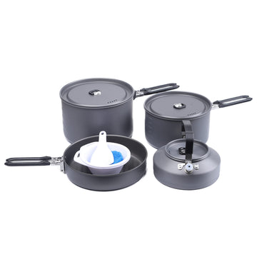 Fire-Maple Feast 4 pot set with lids demonstrates compact, stackable design for easy backpacking.