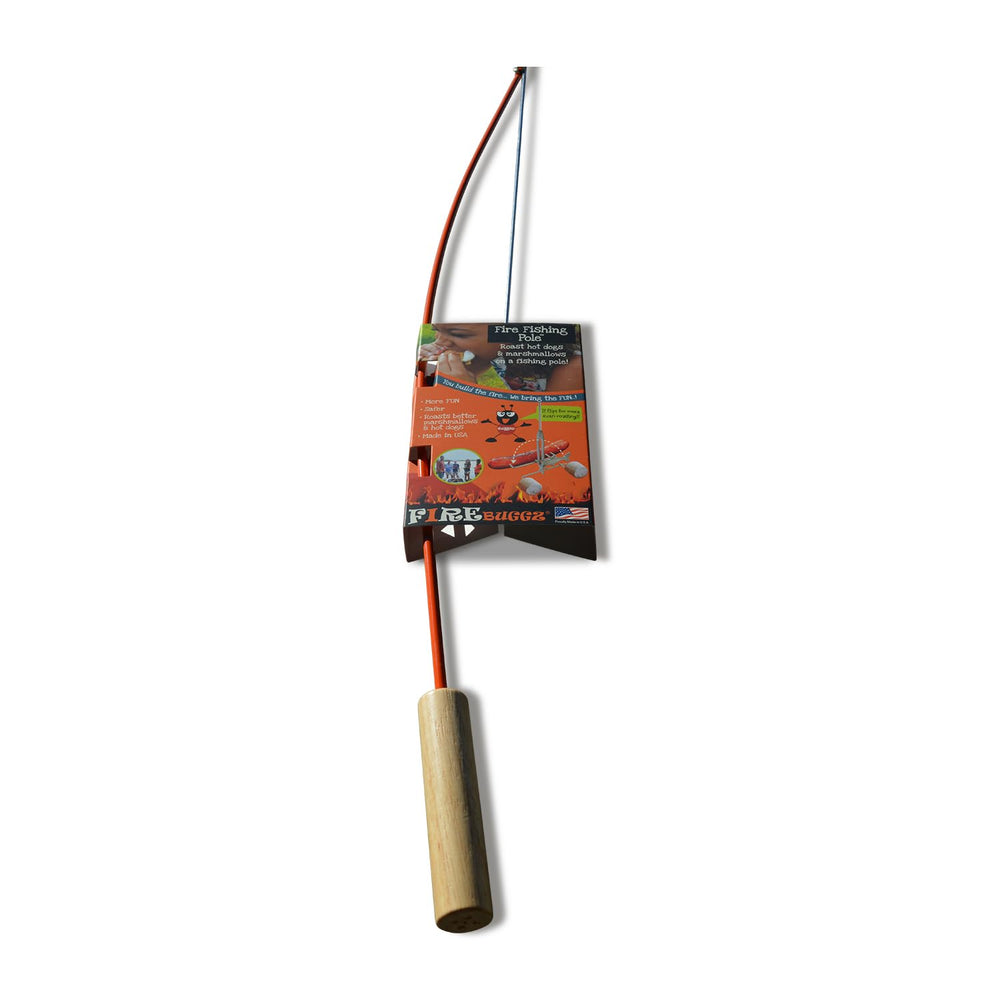 Firebuggz campfire fishing pole roaster ready to cook hot dogs over open flame