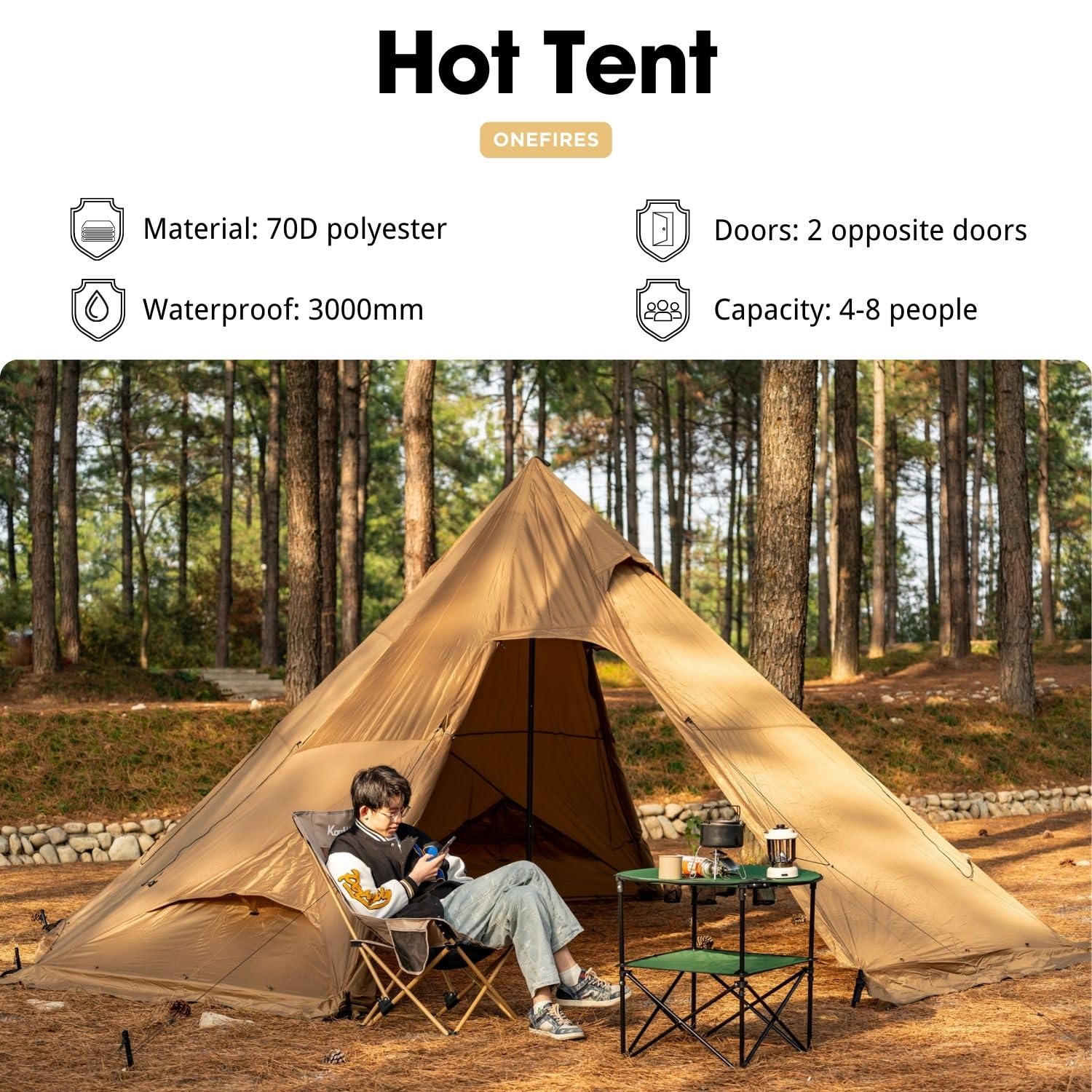FireHiking dual-door teepee design eases entry and enhances light and ventilation.