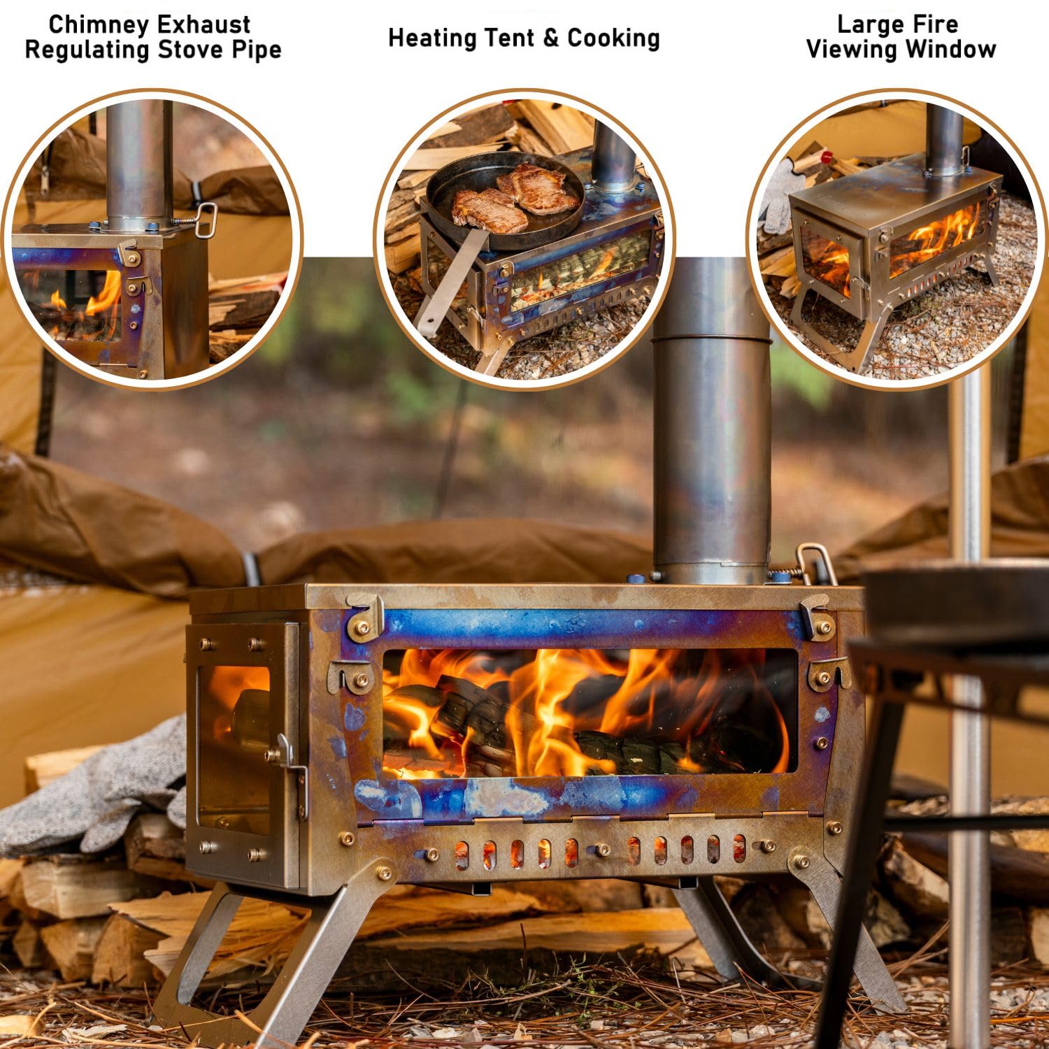 FireHiking ultralight wood stove 2nd-gen fire-view windows capture vivid flames for ambiance