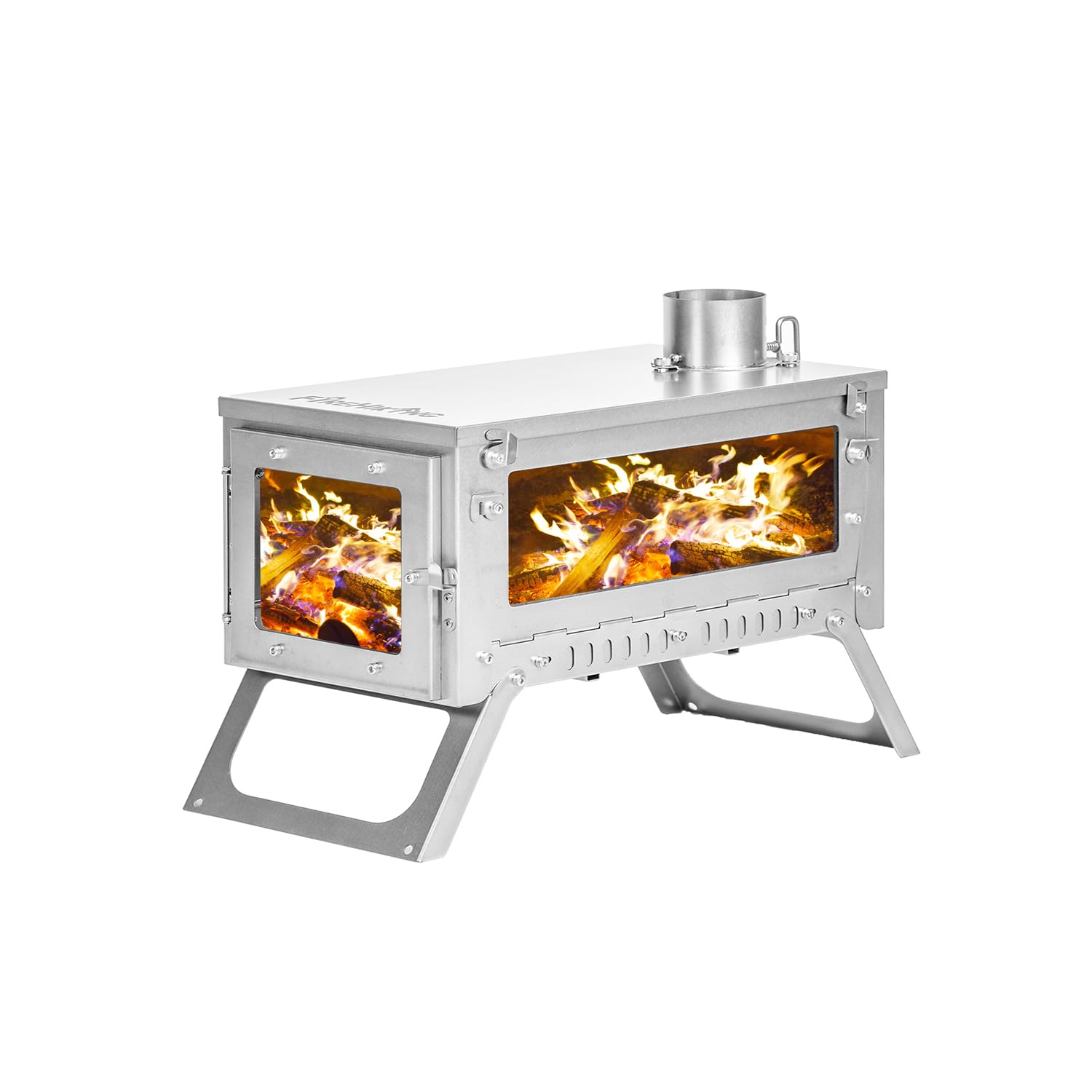 FireHiking ultralight wood stove 2nd-gen front view, showcasing sturdy frame for safe outdoor cooking