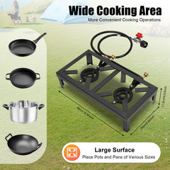 FireLeaves dual burner in use at camping for cooking multiple items