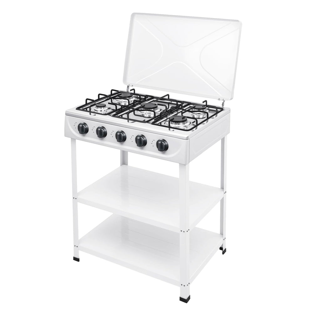 FireLeaves five-burner stove top view shows versatile layout for family meals.