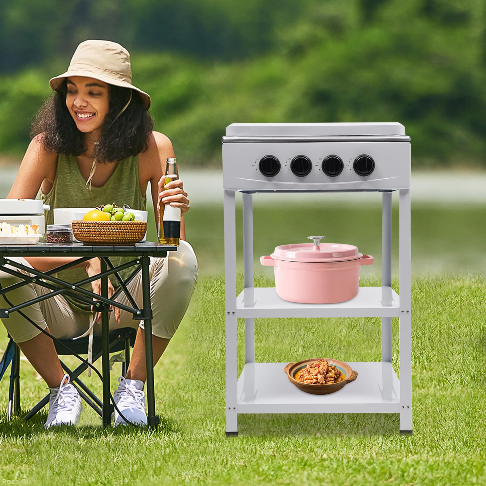 Portable FireLeaves stove with removable storage stand for RV or picnics