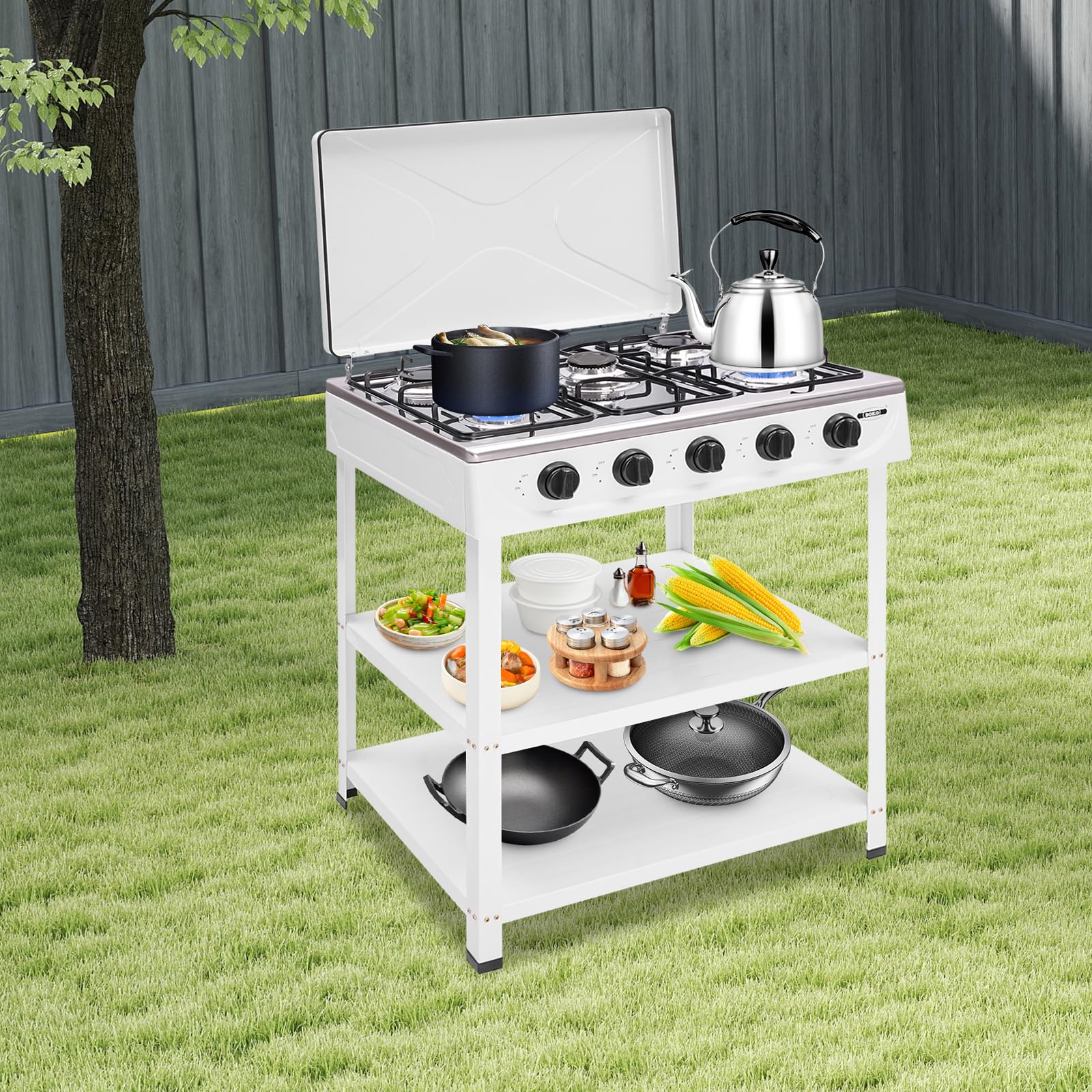 FireLeaves wind blocker cover shown, ideal for outdoor cooking.