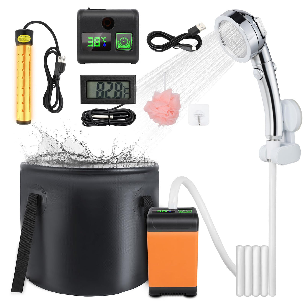 FIRINER camping shower 25cm heater delivers quick warm water.