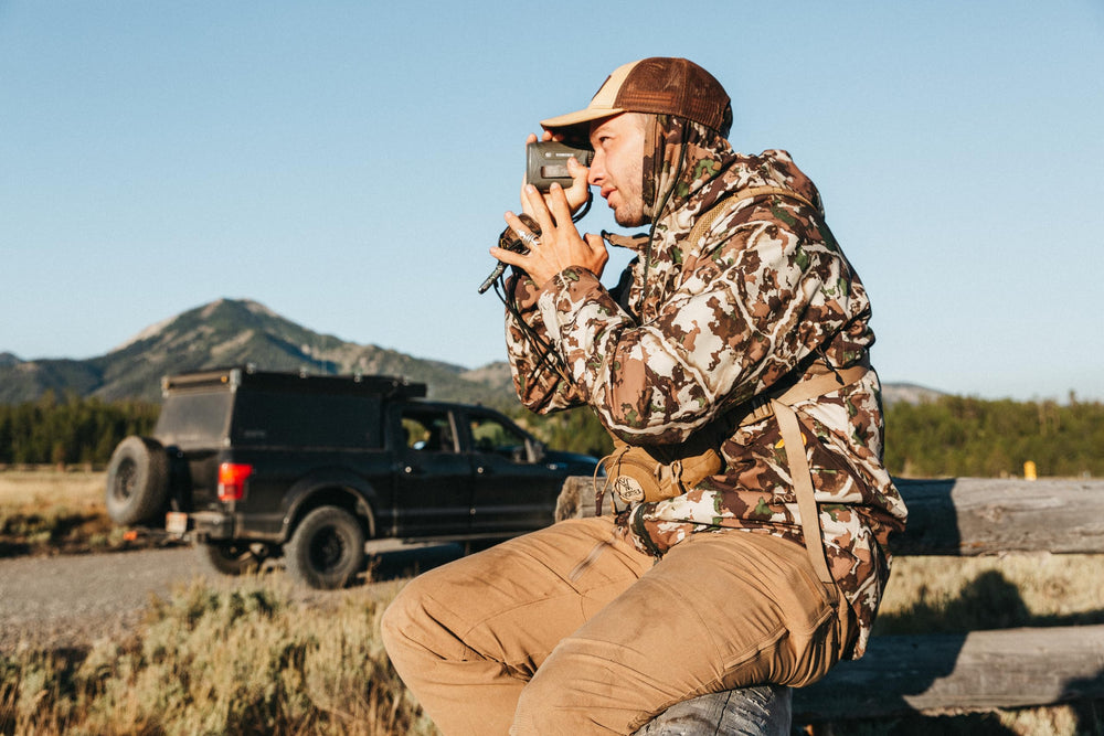 First Lite Aerowool Merino neck gaiter provides a concealed fit in brush.