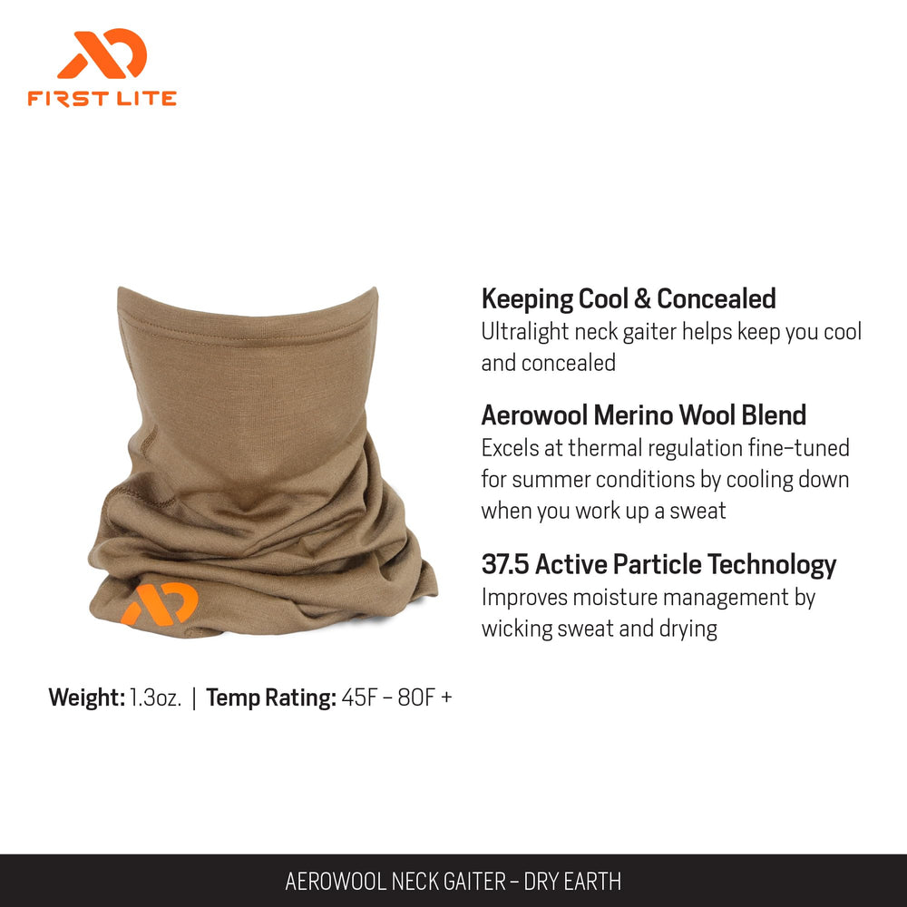 First Lite Aerowool neck gaiter side wear demonstrates concealment for stealth.