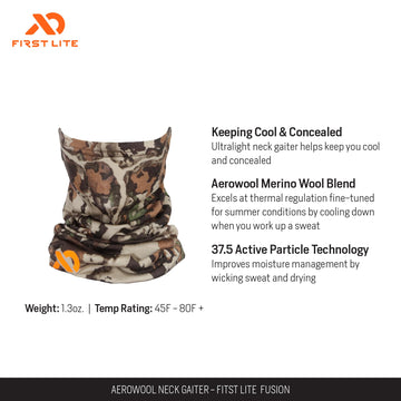 First Lite Aerowool Merino neck gaiter demonstrates thermal regulation in hot conditions.