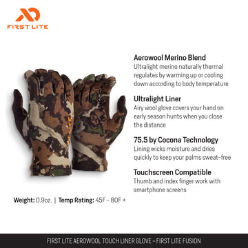 First Lite Aerowool Touch Liner thumb-tip demonstrates touchscreen compatibility