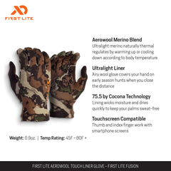 First Lite Aerowool Touch Liner thumb-tip demonstrates touchscreen compatibility