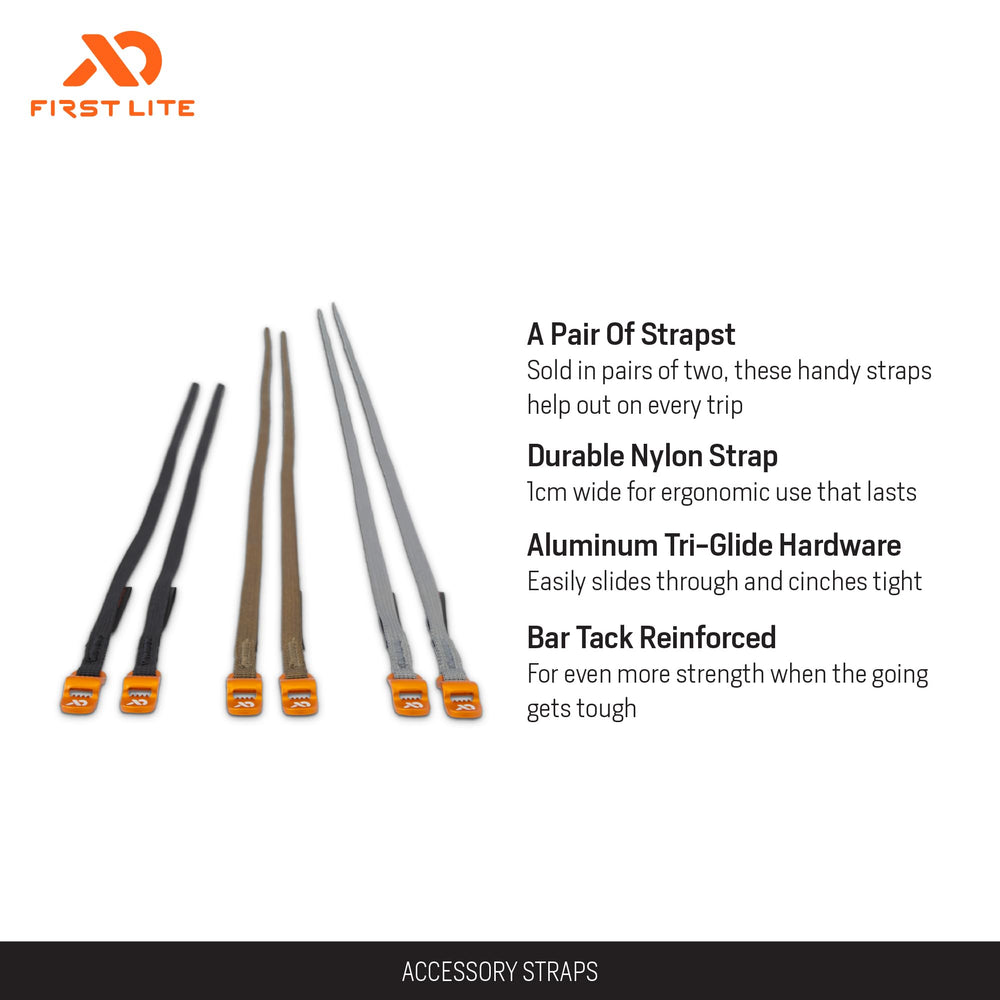 First Lite aluminum tri-glide hardware for smooth tensioning.