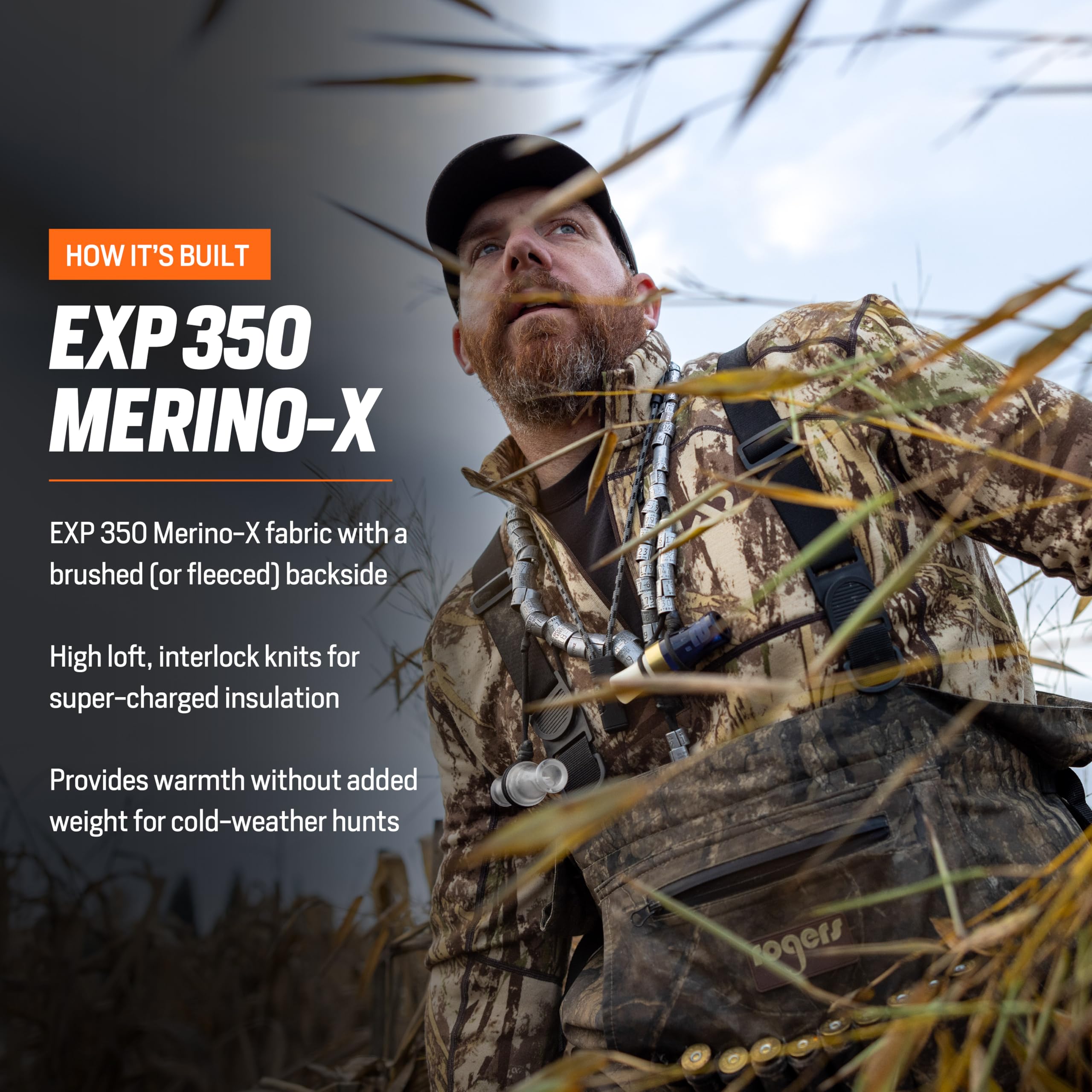 First Lite camo long sleeve with ergonomic thumb loops for mobility.