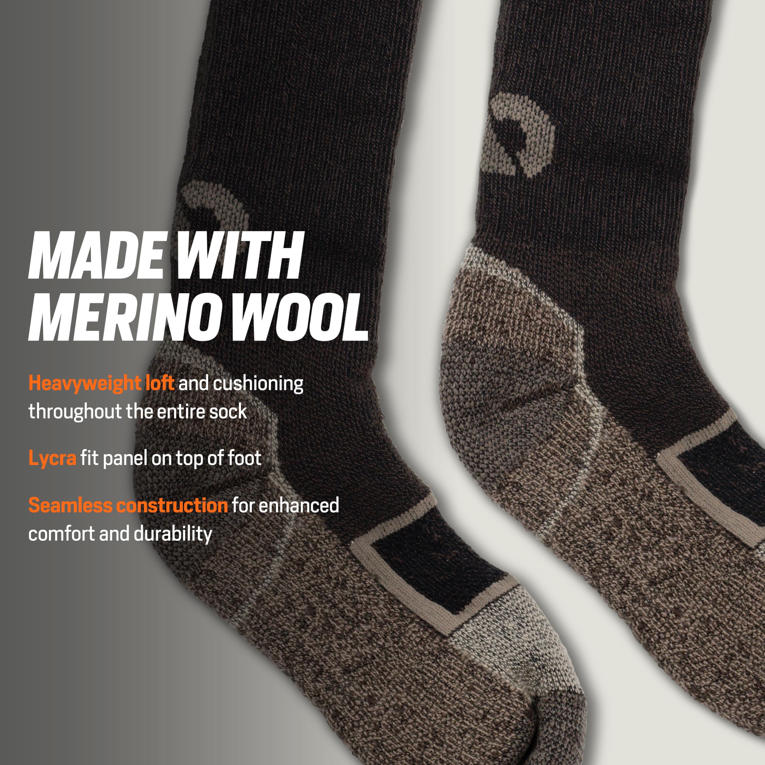 First Lite heavyweight merino sock, footbed cushioning for comfort.