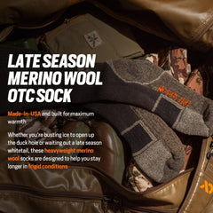 First Lite late-season OTC socks, 11.5 inch cuff for full coverage.