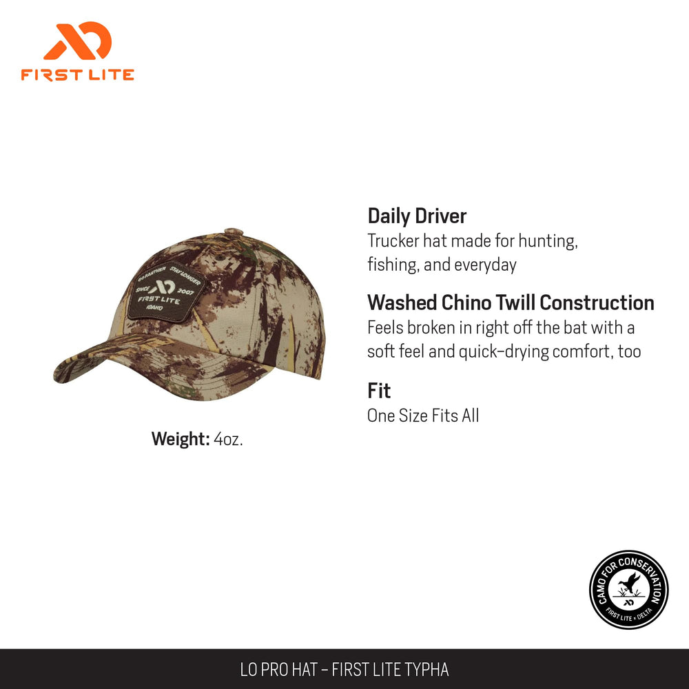 First Lite Lo-Pro Hat side view, strapback design offers a secure, versatile fit.