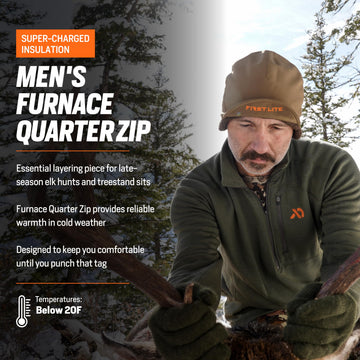 First Lite Men's Furnace Quarter Zip back view, durable insulation for frigid stand hunts