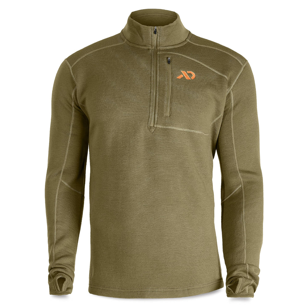 First Lite Men's Furnace Quarter Zip front view, camo conifer, ideal midlayer for late-season hunts