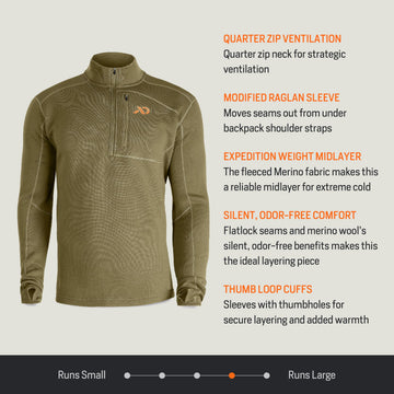 First Lite Men's Furnace Quarter Zip merino texture detail, heavyweight fabric delivers warmth without bulk