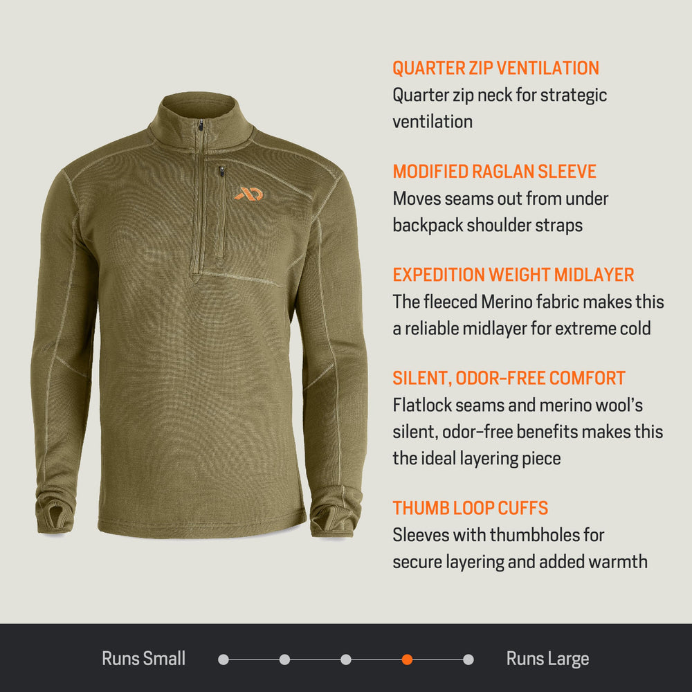First Lite Men's Furnace Quarter Zip merino texture detail, heavyweight fabric delivers warmth without bulk