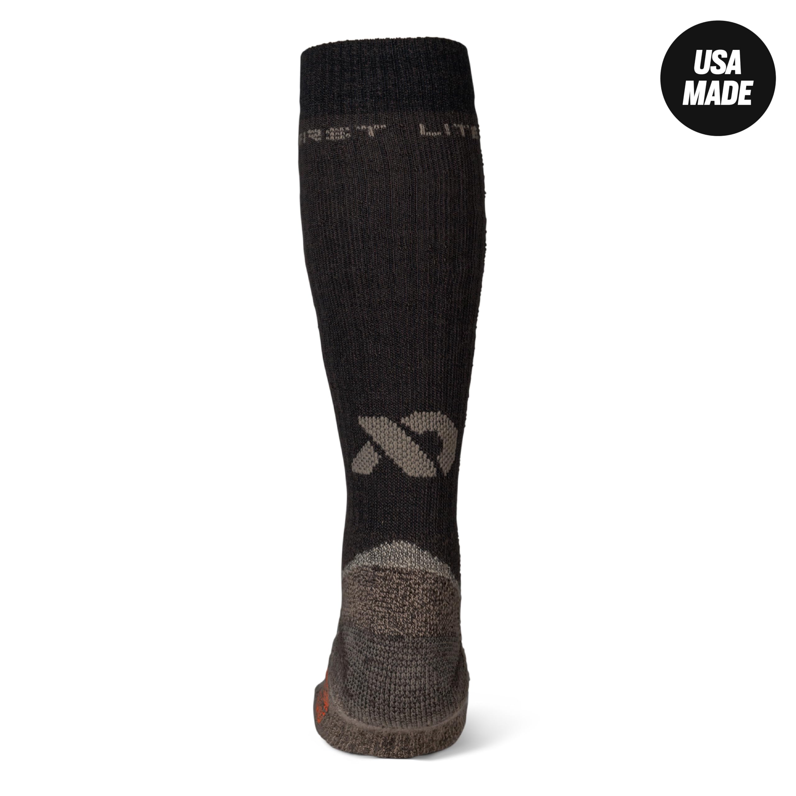 First Lite merino OTC socks, heel detail, cushioning emphasized.