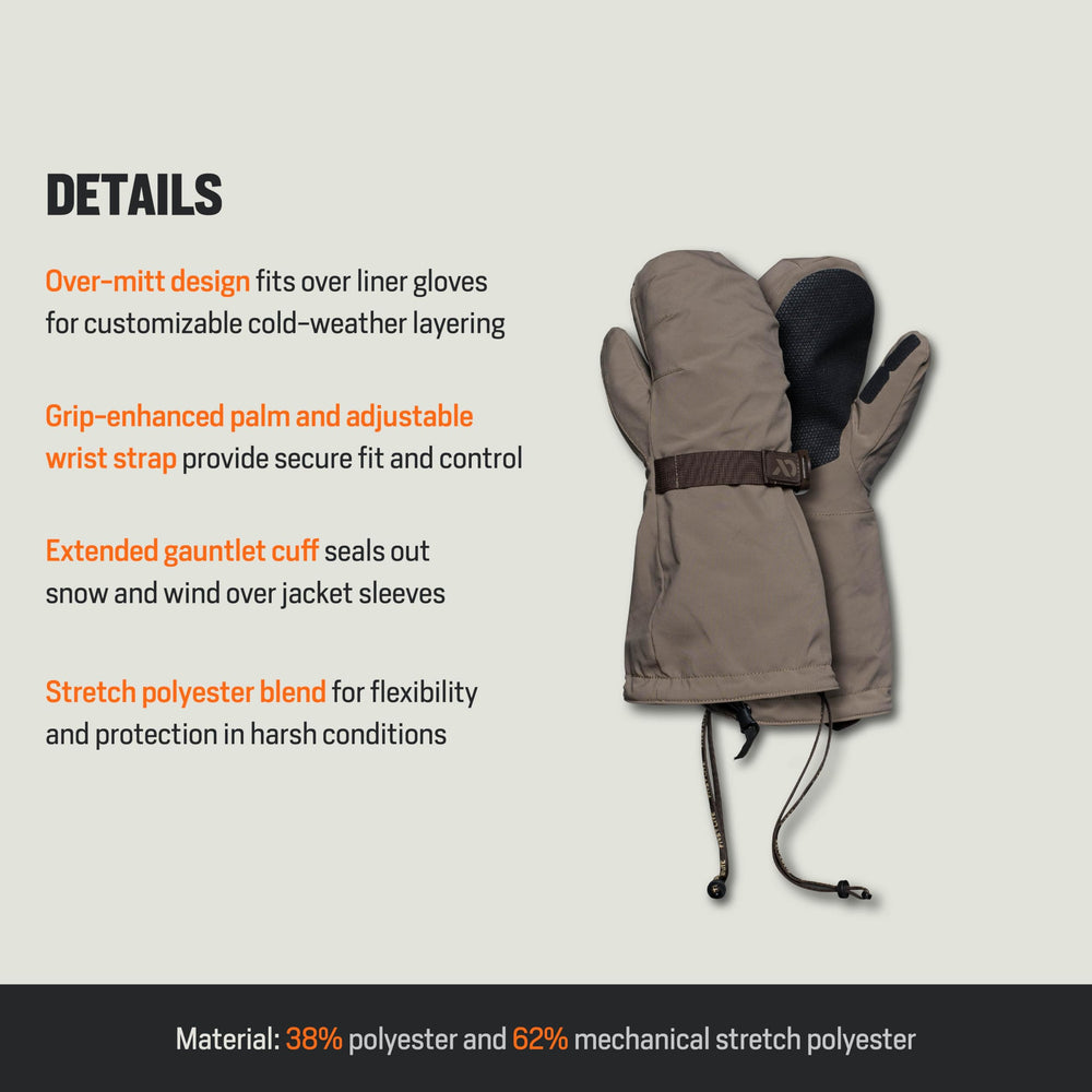 First Lite Omen Over Mitt adjustable wrist strap ensures secure placement during activity.