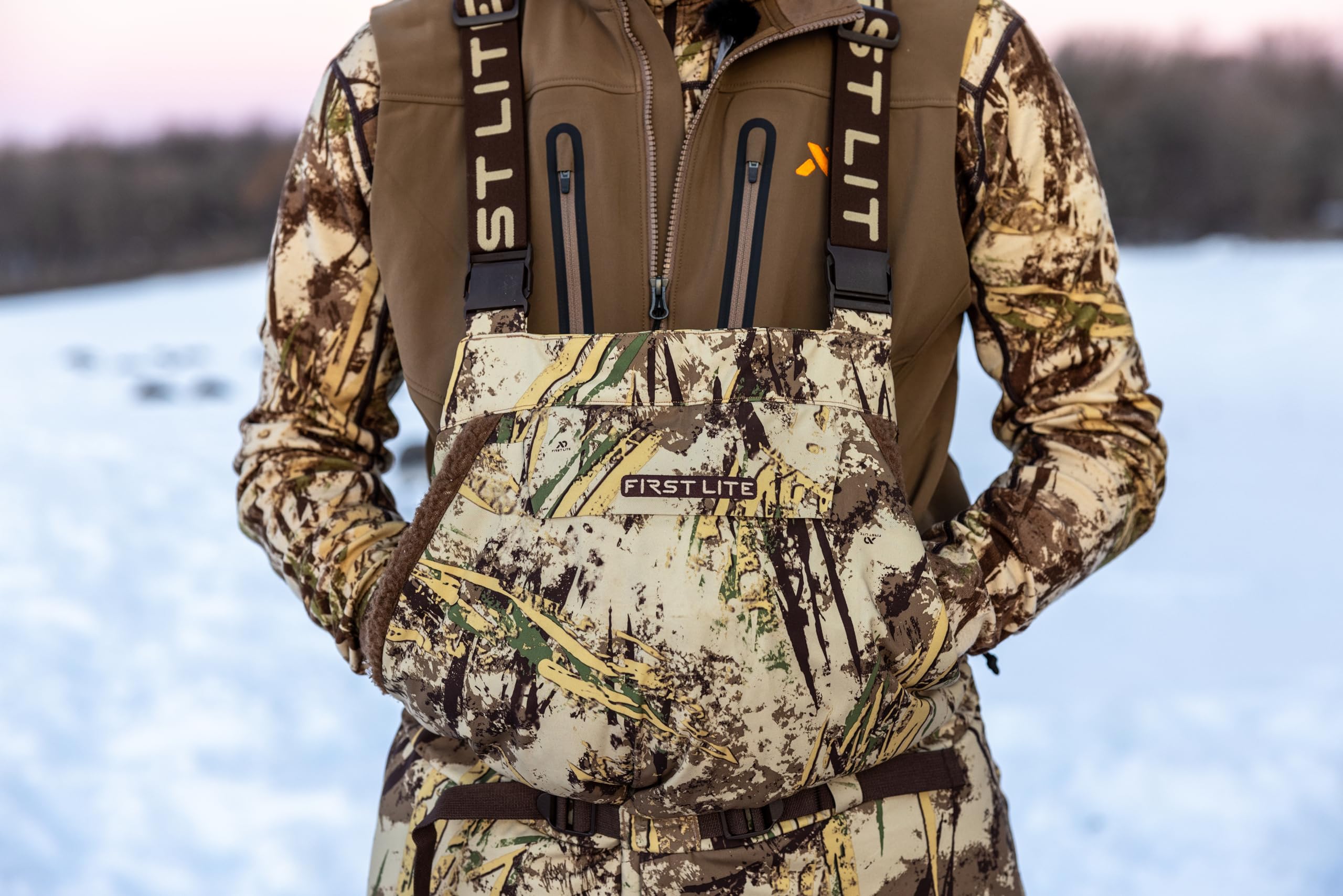 First Lite Refuge Bib Pant sherpa muff lining adds soft warmth