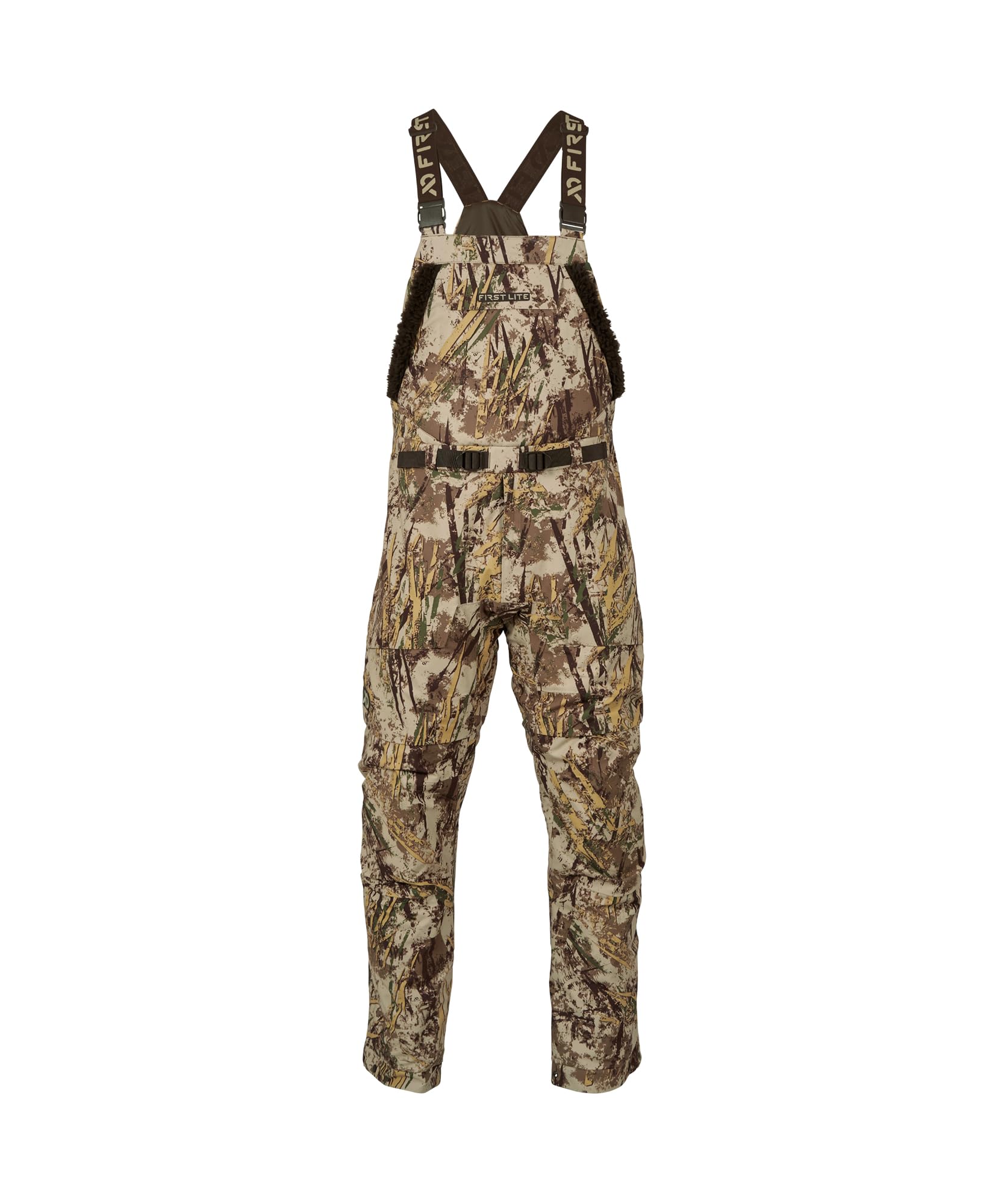 First Lite Refuge Bib Pant in Typha camo, waterproof protection for winter hunts