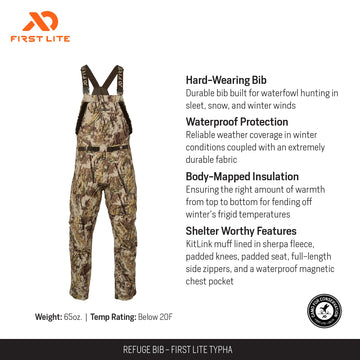 First Lite Refuge Bib Pant in Typha camo, windproof design against marsh gusts