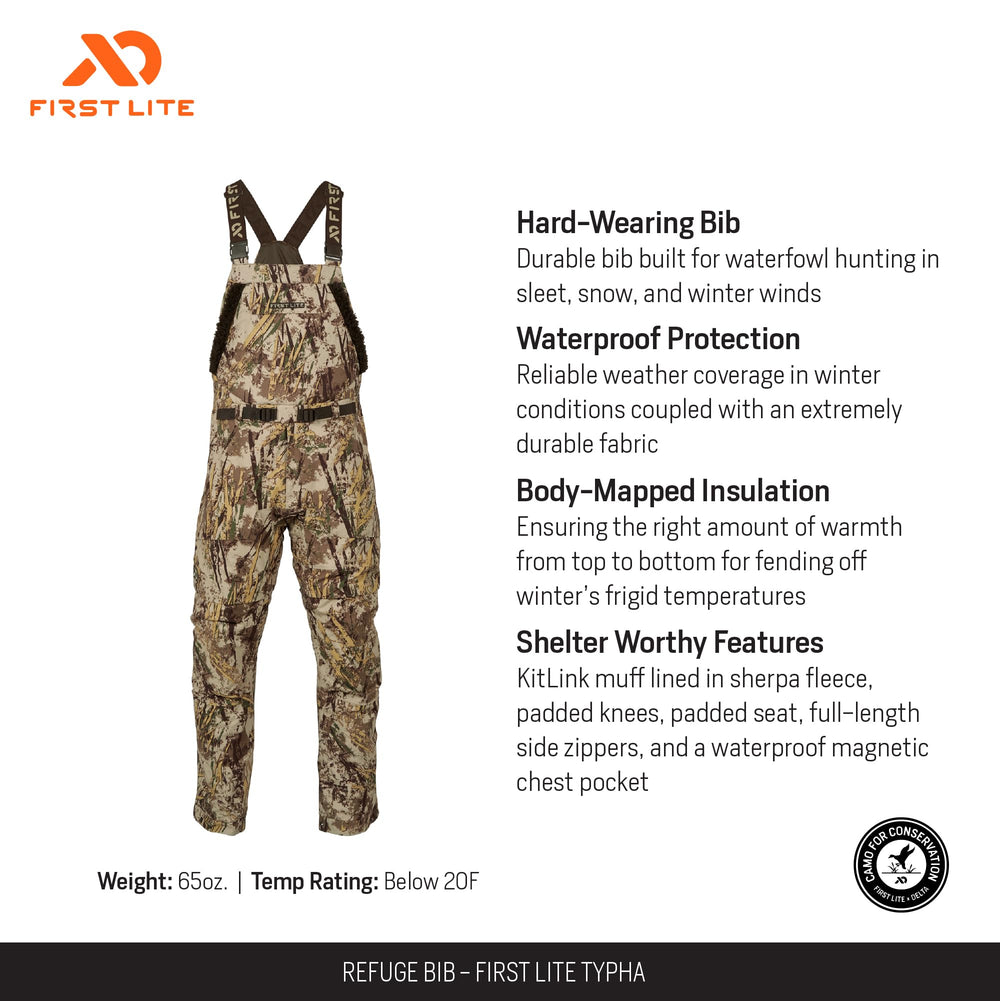 First Lite Refuge Bib Pant in Typha camo, windproof design against marsh gusts