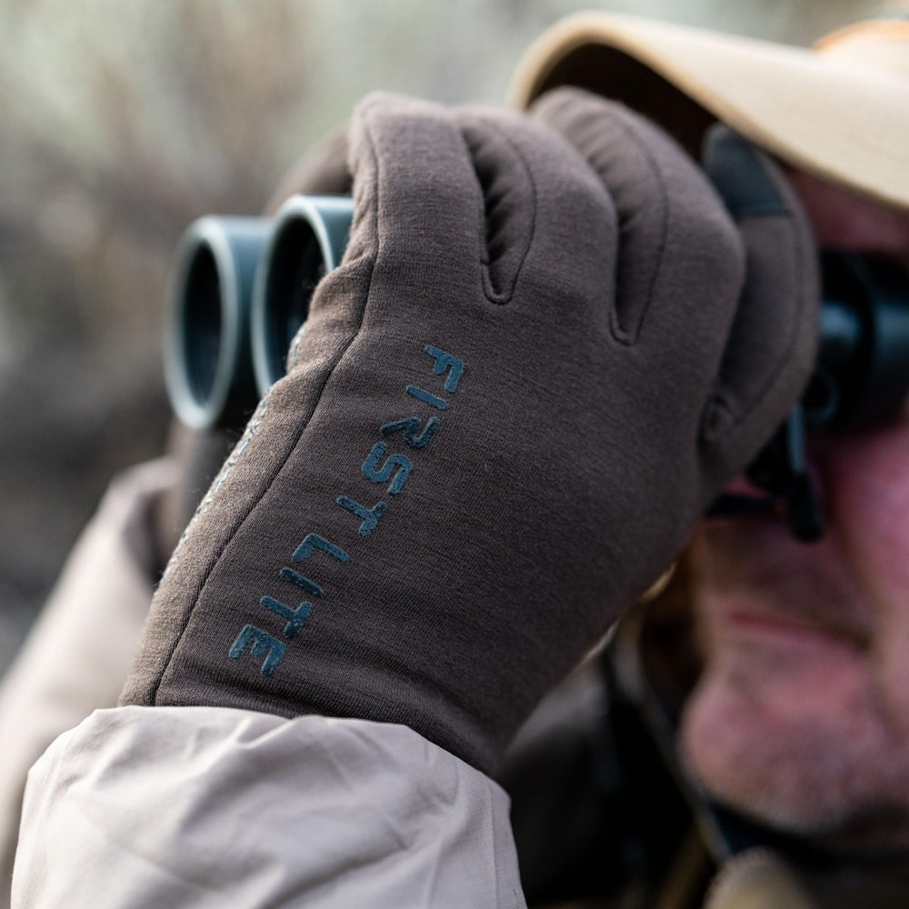 First Lite Rugged Wool Fleece Glove absorbs light for improved concealment in varied terrain