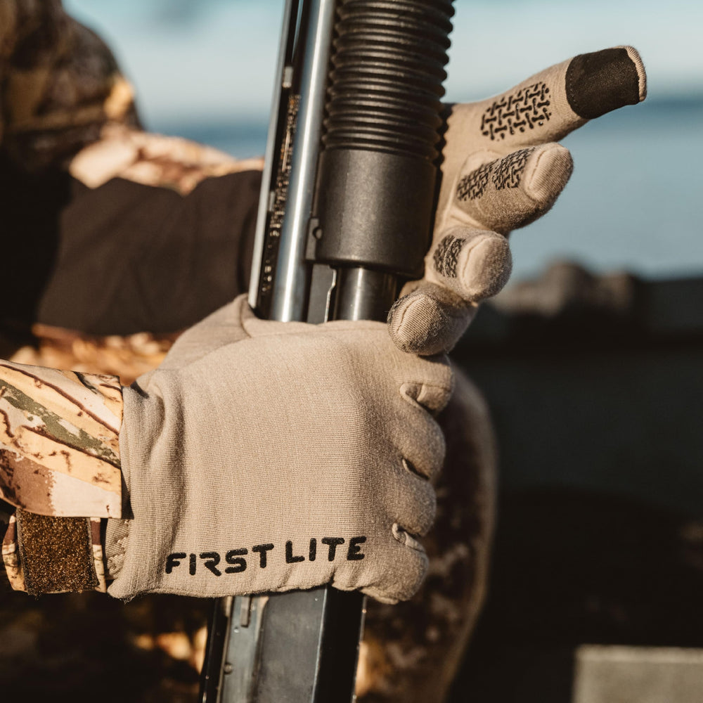 First Lite Rugged Wool Fleece Glove Terra color blends into western environments