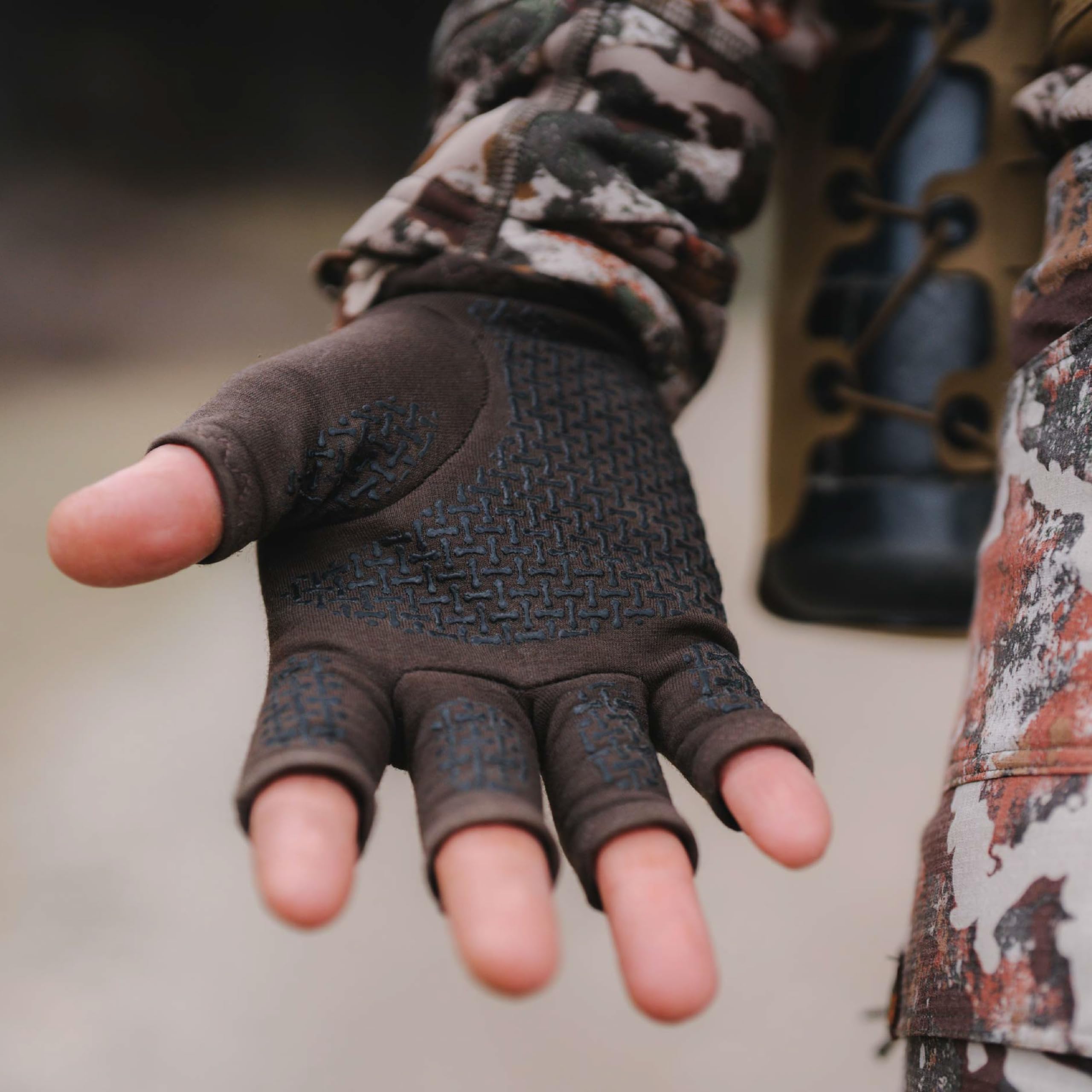 Silicone palm grip on First Lite Rugged Wool glove for secure handling